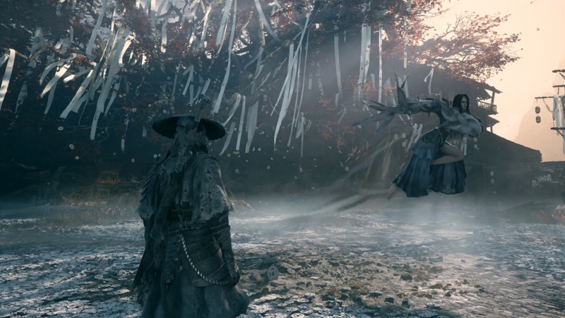 Phantom Blade Zero — Soul faces a floating opponent in a snowy courtyard.